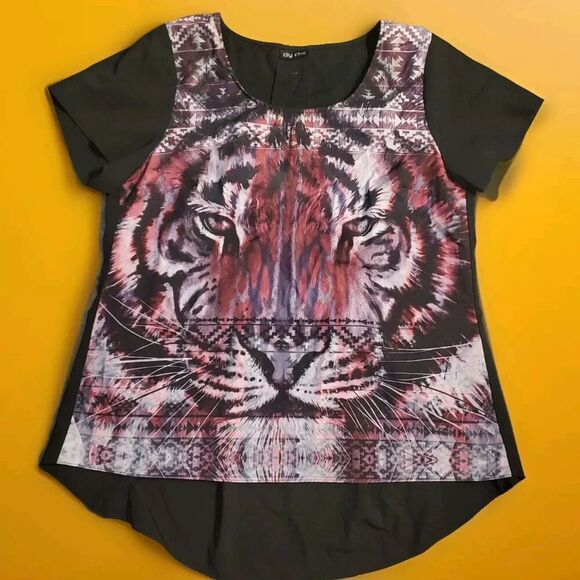 City Chic Women's Blouse Tiger Black Short Sleeves Large Y2K - Picture 1 of 6